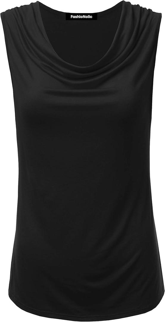 Women's Cowl Neck Ruched Draped Sleeveless Stretchy Blouse Casual Tank Top (Made in USA) (1X, Phi419-black)