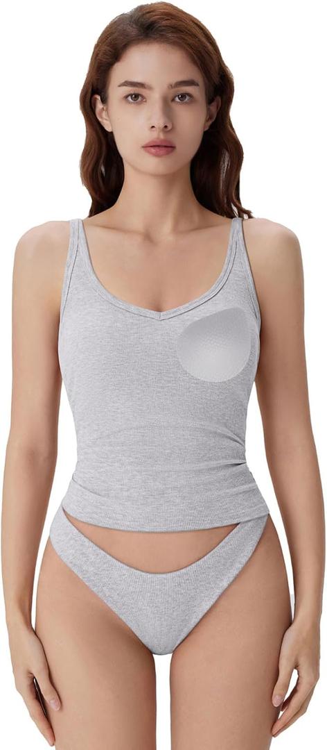 SUUKSESS Women Padded Cotton Ribbed V Neck Tank Top Summer Basic Going Out Tops (Large, Grey)