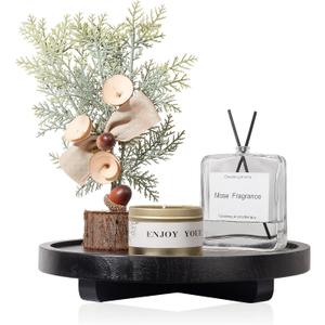 Round Decorative Tray Wood Bathroom Counter Organizer Farmhouse Kitchen Decor Wooden Riser for Soap Dish, Perfume, Candle, Sponge, 9" - Black