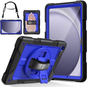 LTROP Case for Samsung Galaxy Tab A9+ Plus 11" 2023 (SM-X210/X216/X218), Heavy Duty Shockproof Protective Case with Rotating Stand, Hand/Shoulder Strap, Black/Dark Blue