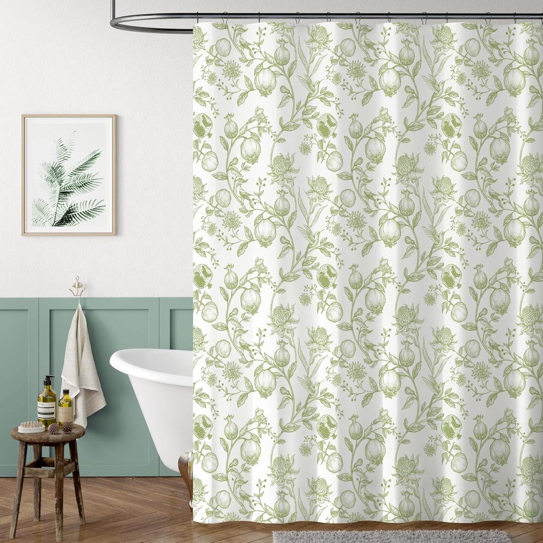 jinchan Vintage Floral Shower Curtain Waterproof Fabric Botanical Flower Plant Shower Curtains for Bathroom Elegant Luxury with 12 Hooks Pomegranate Green 70x72 Inches