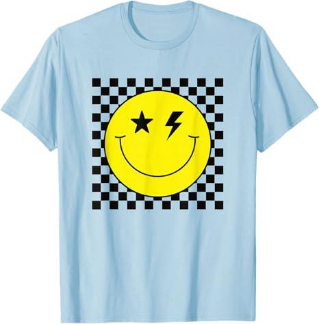 Retro Happy Face Shirt Checkered Pattern Smile Face Trendy T-Shirt, S
