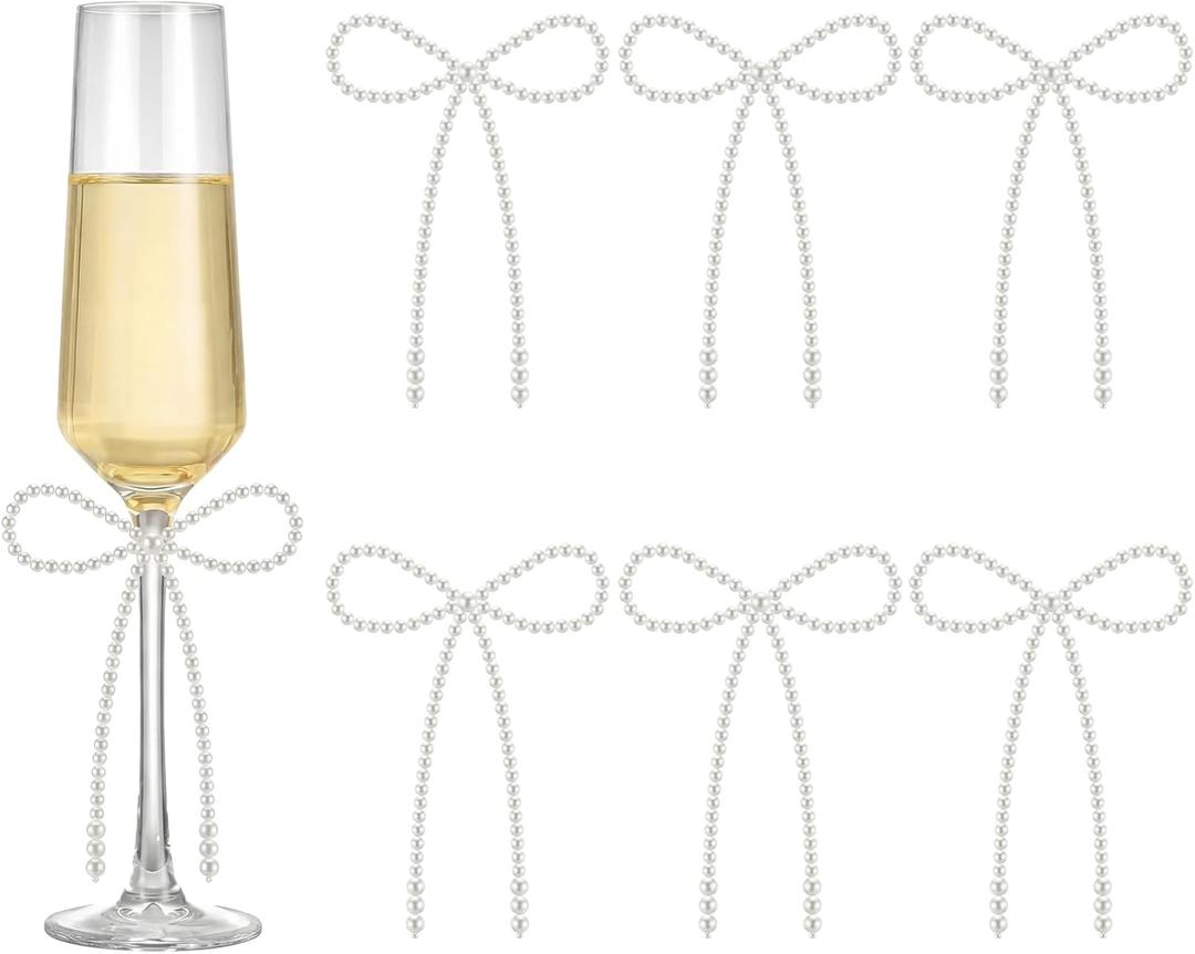 Riceshoot 6 Pcs Pearl Bow for Wine Glass Candle Holder Decor Bow Candlestick Holder Decoration 7 x 4.3 Inch Champagne Glass Decor Wedding Anniversary Bridal Shower Bachelorette Party Gift