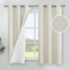 YoungsTex Short Linen Blackout Curtains 45 Inch Length for Bedroom, Ivory Thermal Insulated Window Drapes Full Room Darkening with Grommet White Liner for Kitchen Living Room, 2 Panels, 42 X 45 Inch