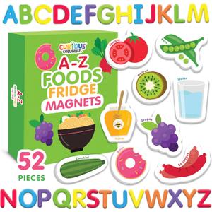 Curious Columbus Learning Magnets  Set of 52 Fridge Magnets for Kids  Includes 26 Large Foam Food Pieces and 26 ABC Alphabet Letters for Learning and Play