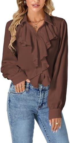 LYANER Women's Dressy Ruffle Blouse Long Sleeve Collar Neck Button Down Victorian Shirt Tops, M