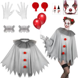 Beipegin Horror Clown Costume for Women and Children, Poncho Clown Collar Gloves Red Balloon Terrifier Joker Costume for Halloween Carnival Cosplay
