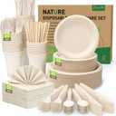 400PCS Disposable Paper Plates Set, Compostable Eco-friendly Dinnerware Set, Biodegradable Heavy-Duty Paper Plates, Utensils, Cups, Napkins, Straws for Party Camping Natural Brown