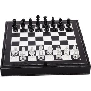 Glass Chess Set Game, 2 Extra Queens, with 13.2" Leather Storage Box and Chessboard,Board Game for Kids and Adults