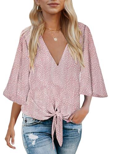 Cute Tops for Women Trendy Going Out Batwing Sleeve Floral Boho Tie Front Shirts Chiffon Blouses, XL