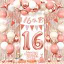 Sweet 16 Party Decorations for Girls:Rose Gold Happy 16th Birthday Banner Ballons, Pink Sweet Sixteen Birthday Decor with Cake Topper, 16 Number Balloons, Tassel Curtain Backdrop