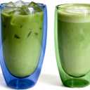 Double Wall Glass Cup Set of 2 - Insulated Coffee Mug for Hot&Cold Drinks Home Café Colored Premium Borosilicate Glass in Ocean Blue/Botanic Green