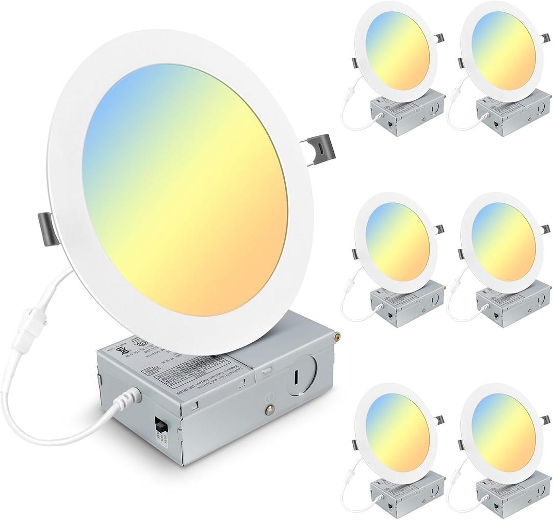 Elaruslux 6 Pack 7 Inch 3CCT Ultra-Thin LED Recessed Light with Junction Box, 3000K/4500K/6000K Selectable, 18W Eqv 125W, Dimmable Ceiling Lights 1600LM Brightness Canless Wafer Downlight