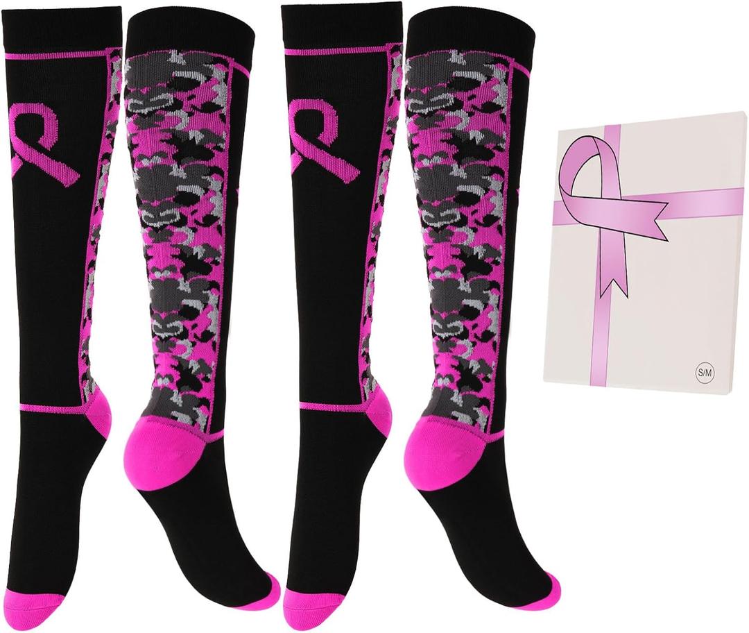 2 Pairs Breast Cancer Awareness Socks,Pink Ribbon Knee High Compression Socks for Softball Soccer Football Baseball (Small-Medium, Black)