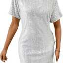 Floerns Women's Sparkly Sequin Dolman Sleeve Party Dress Asymmetrical Neck Bodycon Dress (White)