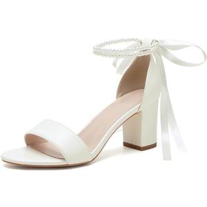Open Toe Pearl Wedding Shoes for Bride High Heels Bridal Shoes Chunky Block Heels with Bow, Ivory, 10