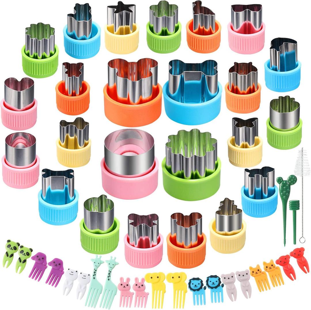 24 pcs Vegetable Cutter Shapes Sets Cookie Cutters Fruit Stamps Mold with 20 pcs Food Picks and Forks for Kids
