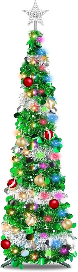TURNMEON 5 Ft Pop Up Christmas Tree Dual Color Change Lights Ball Ornaments Star Sequin Green Tinsel Christmas Tree 8 Mode Timer Warm White Colorful Battery Operated Holiday Xmas Decoration Indoor