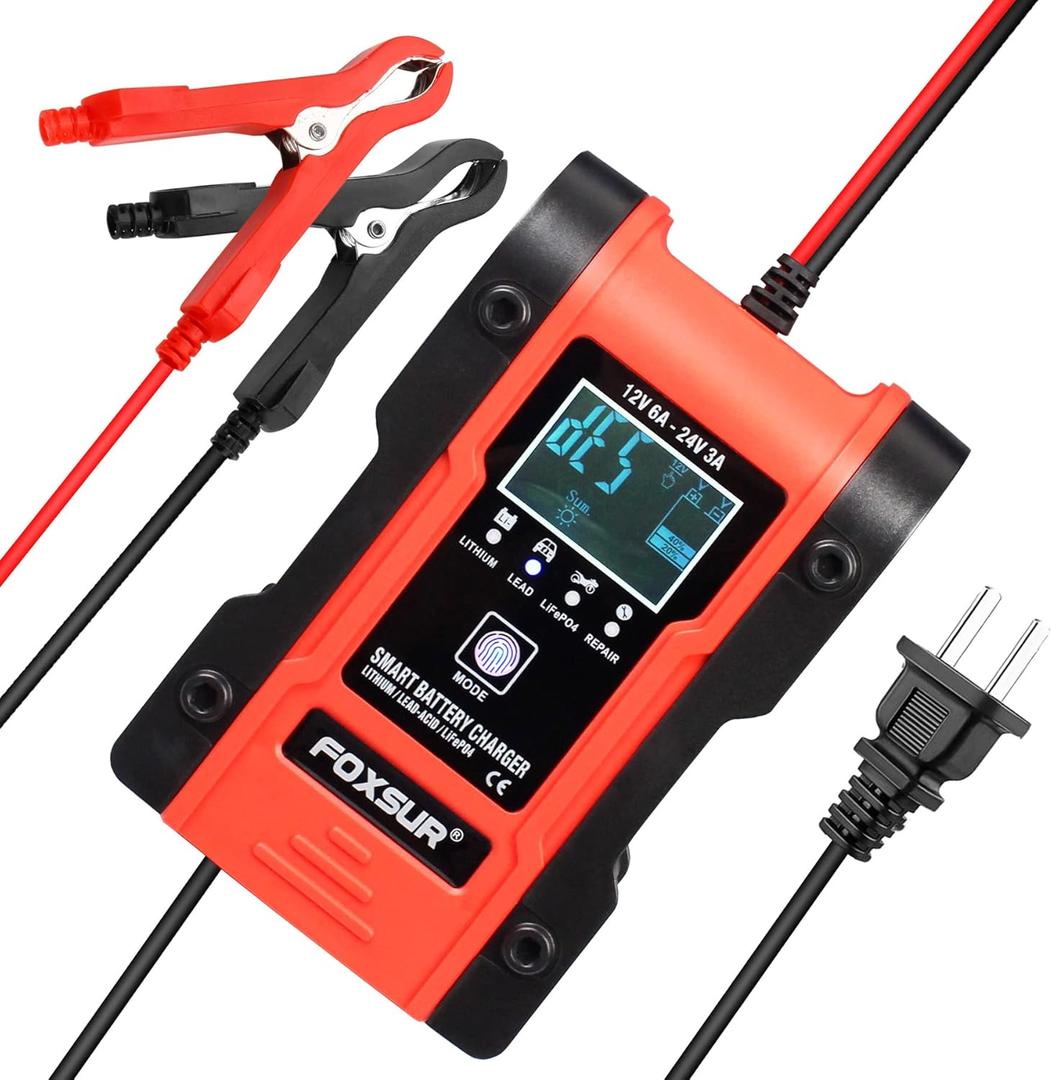 Automotive Battery Charger 12V 6A - 24V 3A Multi-Function Smart Charger Maintainer for Car, Truck, Motorcycle, Lawn Mower, Boat, ATV, Lithium, LiFePO4, Lead-Acid, Deep Cycle Battery Charger