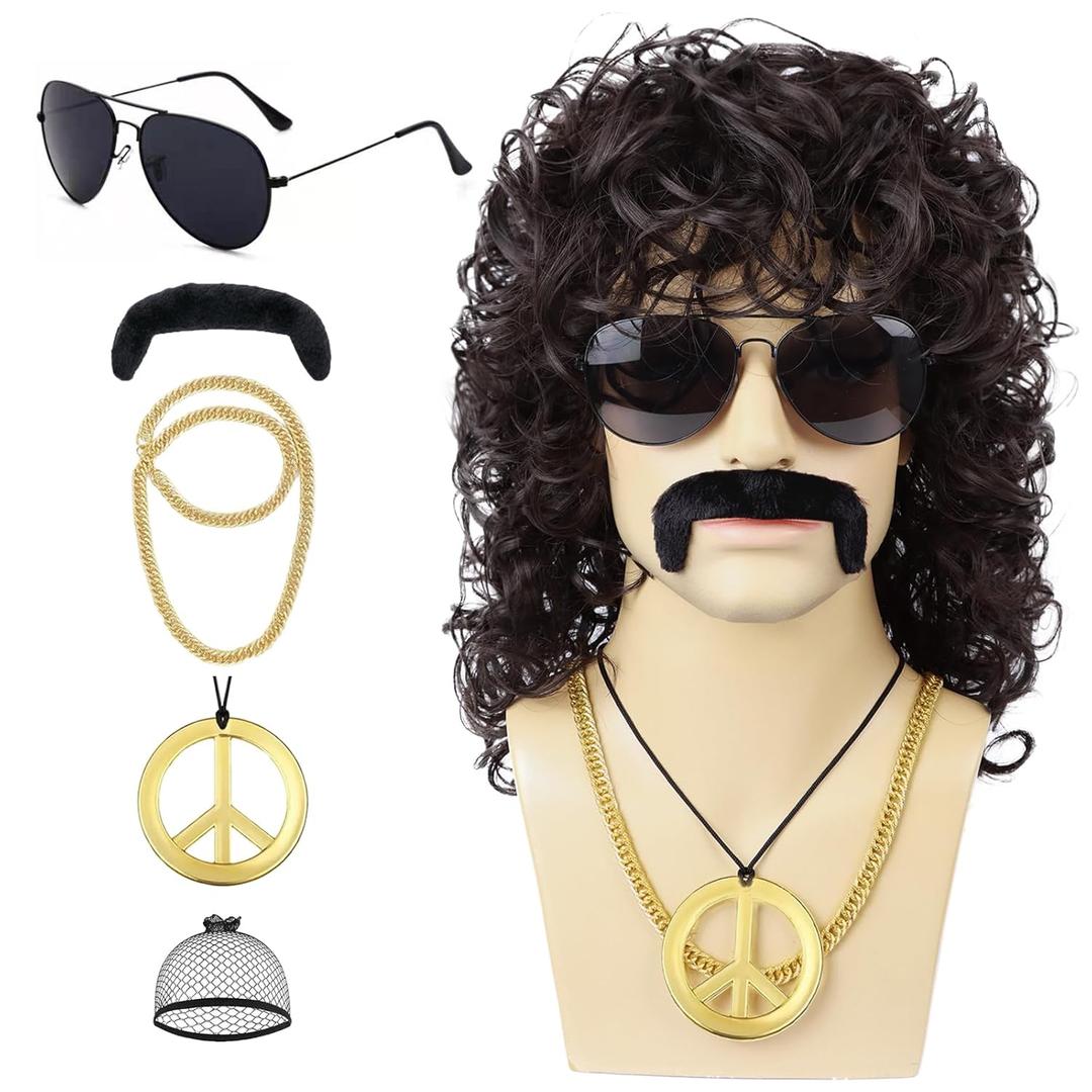 Guree Hair Mens Curly Wig + Glasses + Gold Chain + Peace Sign Necklace +Mustache + Wig Cap Long Curly Black Wigs for 70s Disco Party Cosplay Costume Halloween Use (6pcs Set）