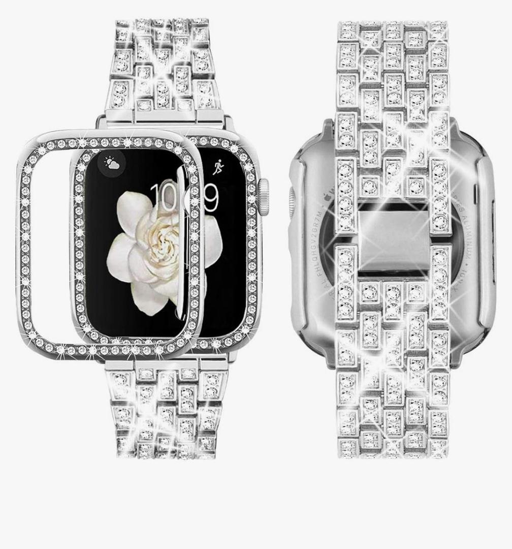 Supoix Compatible with Apple Watch Band 38/40/41/42/44/45/46/49mm+ Case, Women Jewelry Bling Diamond Rhinestone Replacement Metal Bands & 2 Pack PC Protector Case for iWatch Ultra 3/2/1 Series 11/10/9/8/7/6/5/4/3/2/1/SE Size 46 mm