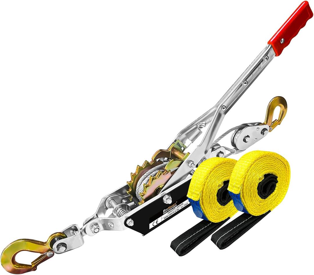 Come Along Winch Ratchet Tool 2 Ton Pulling Capacity 2 Hooks Steel Cable Dual Gear Power Puller with Two 1"x8FT Lifting Straps Hand Winch Cable Automotive Hoist Winch Puller Recovery Gear