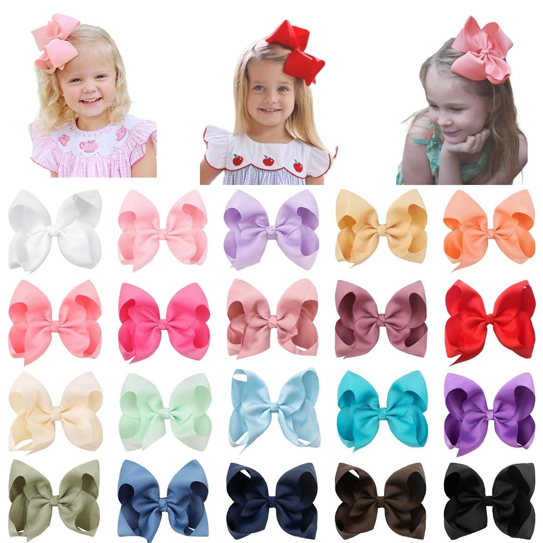 CLLOT 20PCS Big 6 Inch Hair Bows for Girls Grosgrain Ribbon Bow Toddler Back to School Hair Accessories with Alligator Clips for Toddlers Schoolgirls Kids Teens