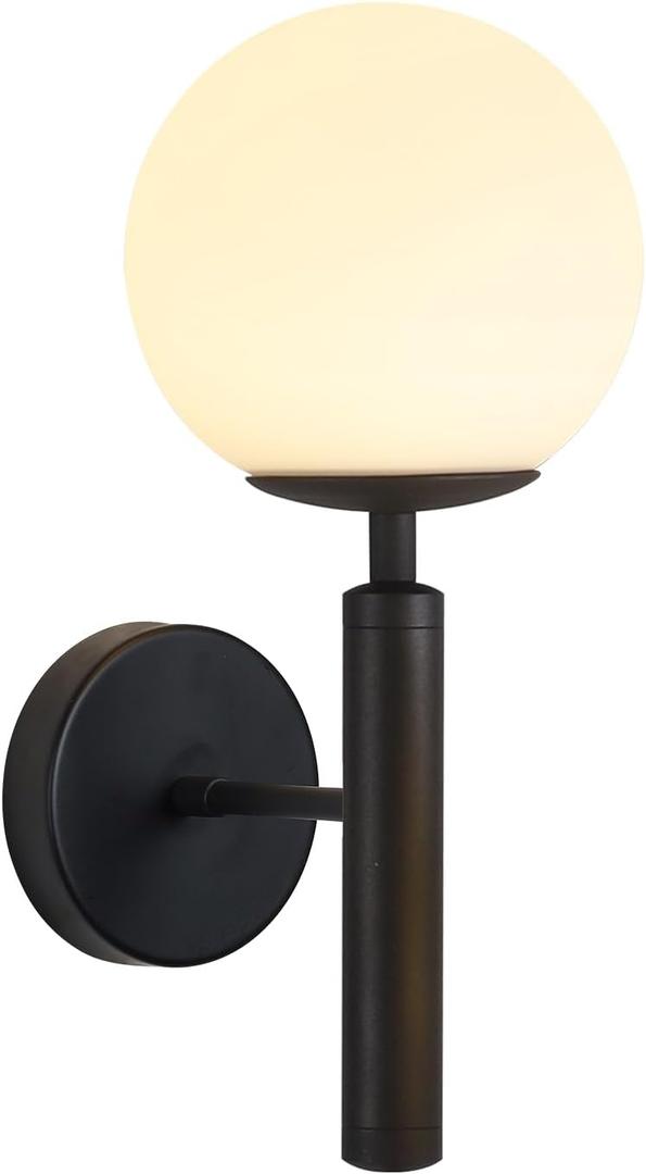 KCO Lighting Black Mid Century Modern Wall Sconce Vintage White Milk Glass Wall Sconce Globe Wall Light Bathroom Wall Light Fixture Bedroom Wall Lighting