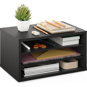 Ballucci Paper Organizer, 3Tier Stackable Wood Desk Organizer, Document File Organizer and Mail Sorter with Adjustable Storage Shelves, Black