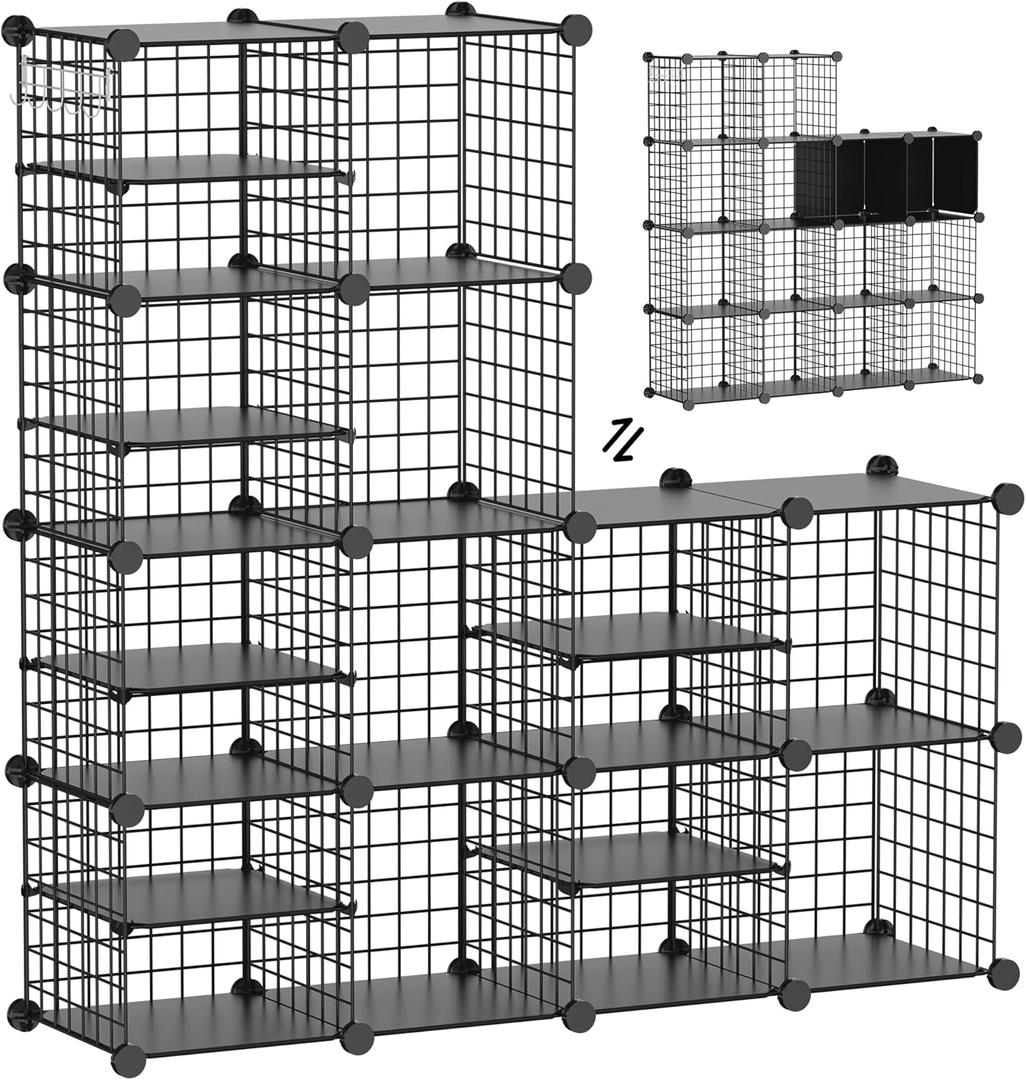 Wire Cube Storage Organizer, 12 Cubes Converted into 14 Cubes, Sturdy Metal Grids Storage Shelf Closet Shelving Units and Storage, Shelves for Bedroom LIvingroom Office (Black)