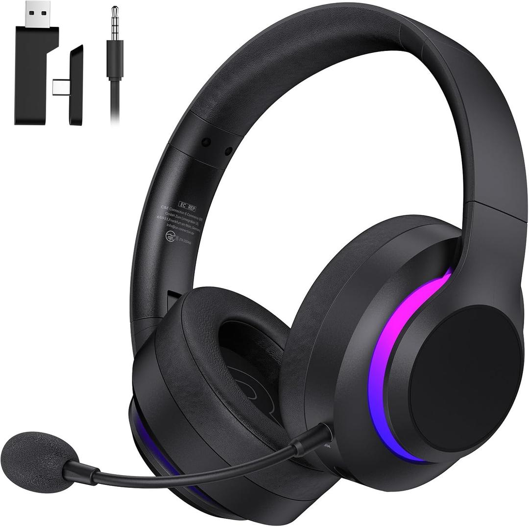 Wireless Gaming Headset for PS5, Foldable 2.4GHz Gaming Headphones for PS5, PS4, Switch, PC, Bluetooth 5.4 Gaming Headset with 45H Battery, Noise Canceling Mic, USB-C, RGB Lights - Black