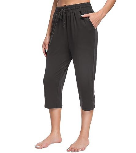 OLIKEME Capri Yoga Pants for Women Sweatpants Capri Pants High Waisted Wide Leg Drawstring Lounge Running Gym Short Pants with Pockets Gray L
