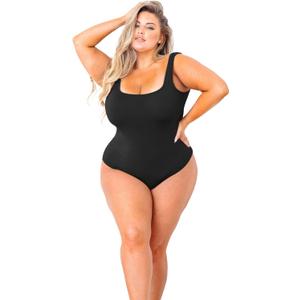 POSESHE Plus Size Bodysuits For Women Sleeveless Sexy Tank Top Square Neck Bodysuit Outfits, S-5XL (Medium, Black)