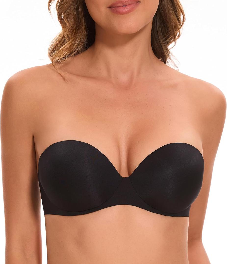 Women's Strapless Bra Push Up-Non Slip Invisible Padded Balconette Underwire Low Back Multiway Bandeau Bra for Comfort Lift (34D, Black)