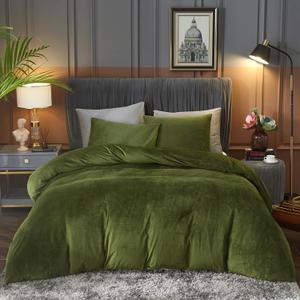 Ivellow Velvet Duvet Cover Queen Set Sage Green Comforter Cover 3Pcs Ultra Soft Cover Breathable Solid Luxury Flannel Velour Duvet Cover Zipper Closure Corner Tie