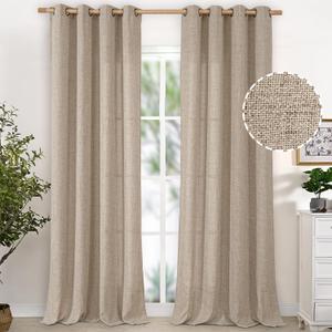YoungsTex 90 Inches Long Linen Semi Sheer Curtains for Living Room, Oatmeal Light Filtering Drapes with Bronze Grommet Rustic Floor Length for Bedroom Dining Room, 2 Panels, 52 X 90 Inch