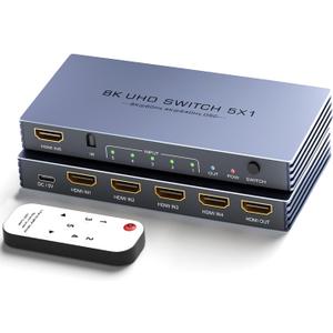 HDMI Splitter 4K 240Hz - New Upgrade 5 in 1 Out 8K@60Hz 4K@240Hz HDMI Switch with Remote Support 3D/HDR/HDCP2.3, Compatible with PS5/4 Xbox Nintendo Switch Roku Apple TV Fire Stick 8k HDMI2.1 Splitter