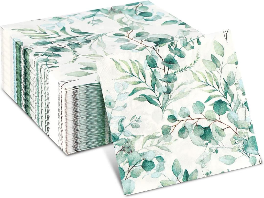 100 Pcs 3-Ply Paper Napkins Disposable, Eucalyptus Decorative Napkins Soft and Smooth Napkins for Guest Everyday Use, Ideal for Western Dining, Weddings, Birthdays, and Party Supplies