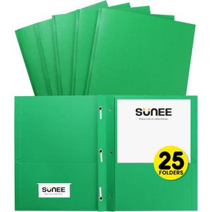 SUNEE 2 Pocket Folders with Prongs (25 Pack, Green), Paper Folders with 2 Pockets and 3 Prongs Fit Letter Size Paper, Folders with Prongs for School Office Home Business