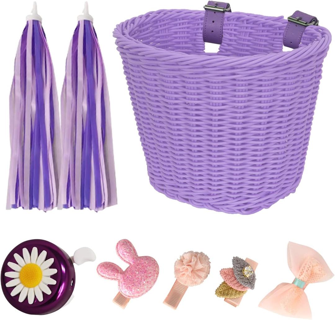RAYMACE Kids Bike Basket Streamers Bell Set, Children's Bicycle Handlebar Basket with 4pcs Girl Hair Clips, Cute Accessories Kit for Kids' Bike, Scooter