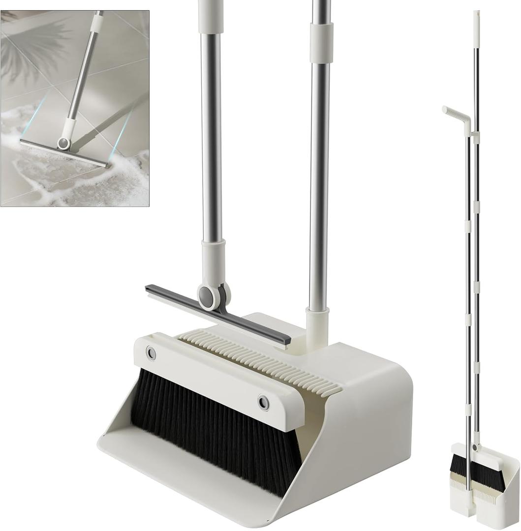 Magic Broom and Dustpan Set with Silicone Broom Squeegee, 55'' Broom with Dustpan Combo Set Self-Cleaning Teeth Design Upright Standing Dustpan for Indoor Floor Home Kitchen (Set (No) Cloth)