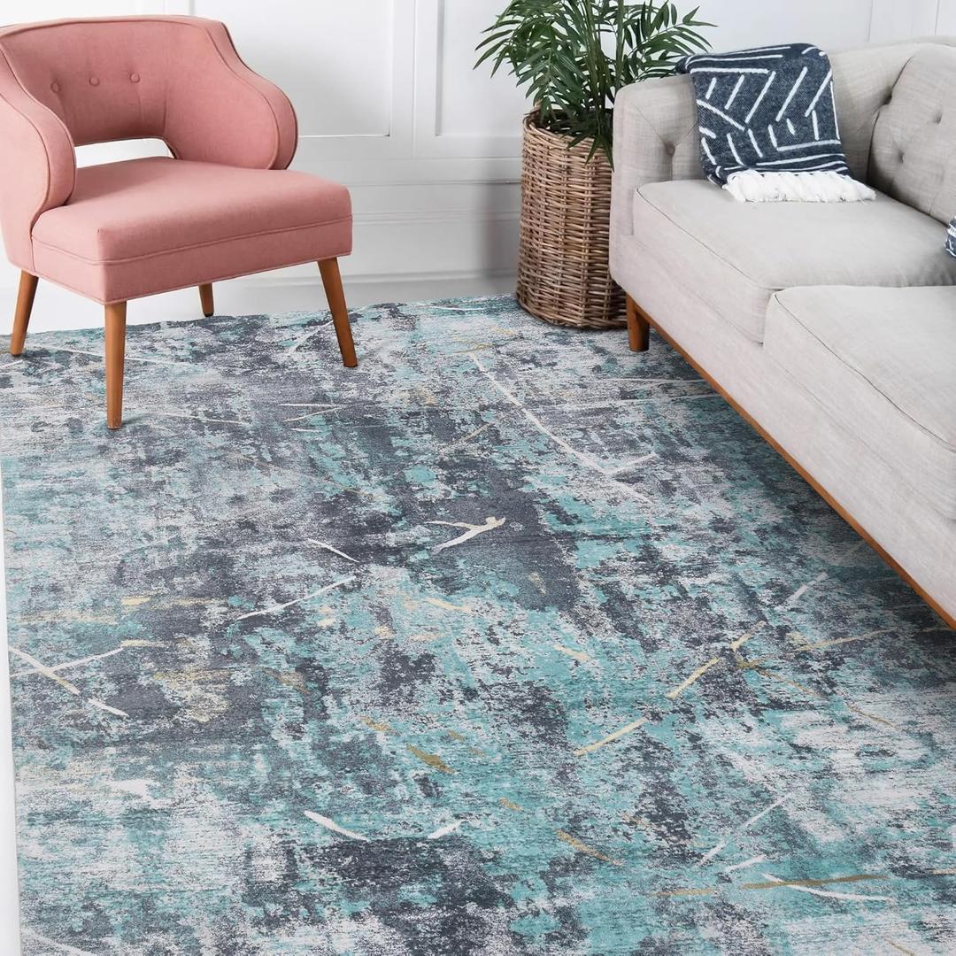 HATPPT Area Rug - 5x7 Washable Soft Abstract Non-Slip Non-Shedding Low Pile Vintage Rug for Living Room, Bedroom, Farmhouse, Dining Room, Kids Playroom, 5 X 7 Carpet Grey/Blue Alps