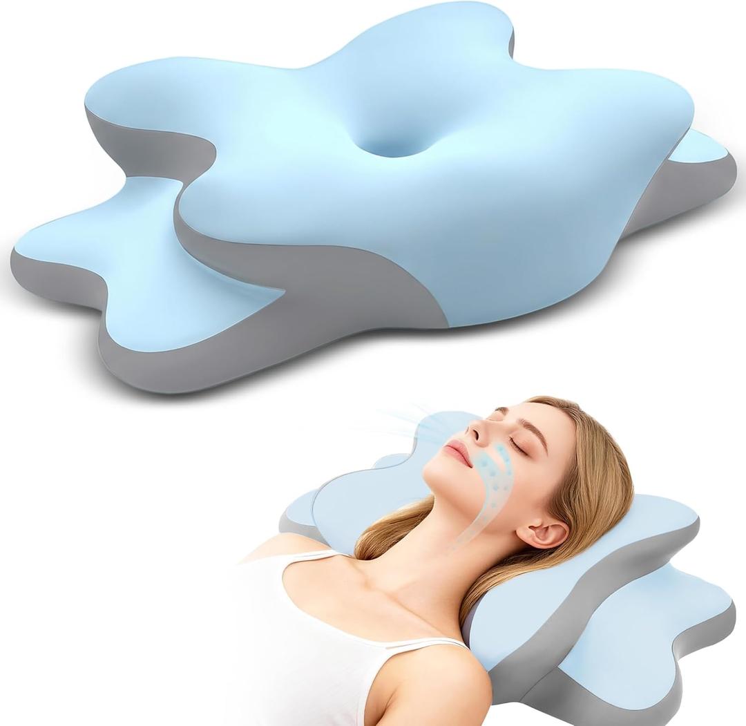 Sleep Apnea Pillow with Neck Pain & Snoring Relief -Orthopedic Cervical Pillow, Ergonomic Contour Memory Foam for Side, Back, Stomach Sleepers, Medium Firm (Blue, Queen Size)
