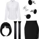 Yahenda 5 Pcs Halloween Costume Women Black Bob Wigs Skirt Thigh High Stockings Shirts Cuff Links for Halloween Cosplay (L)