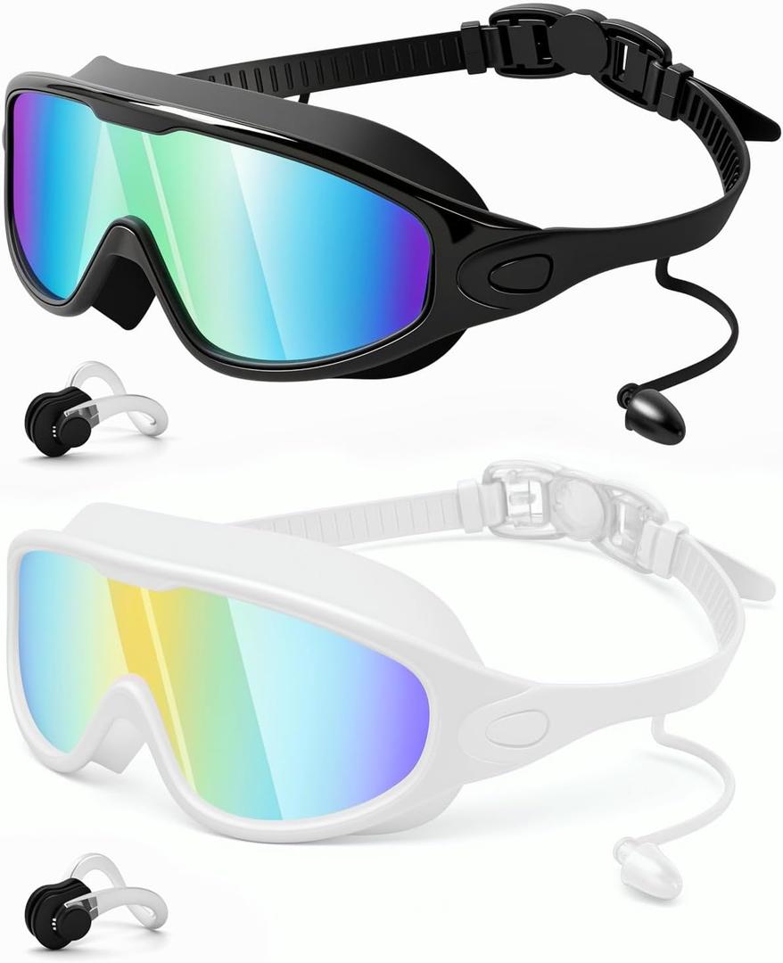 Rantizon Swim Goggles 2 Pack, Wide View Anti Fog&UV Swimming Goggles for Audlt, No Leaking Swim Glasses for Men Women Kids (Large for Adults, Black Blue & White Blue)