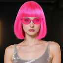 Short Hot Pink Bob Wig with Bangs 3Pcs Colorful Party Wigs Fun Funny Wigs for Women Neon Pink Bob Wig for Halloween Outfit Costume Party Pelucas De Mujer+Sunglasses+Hair Cap
