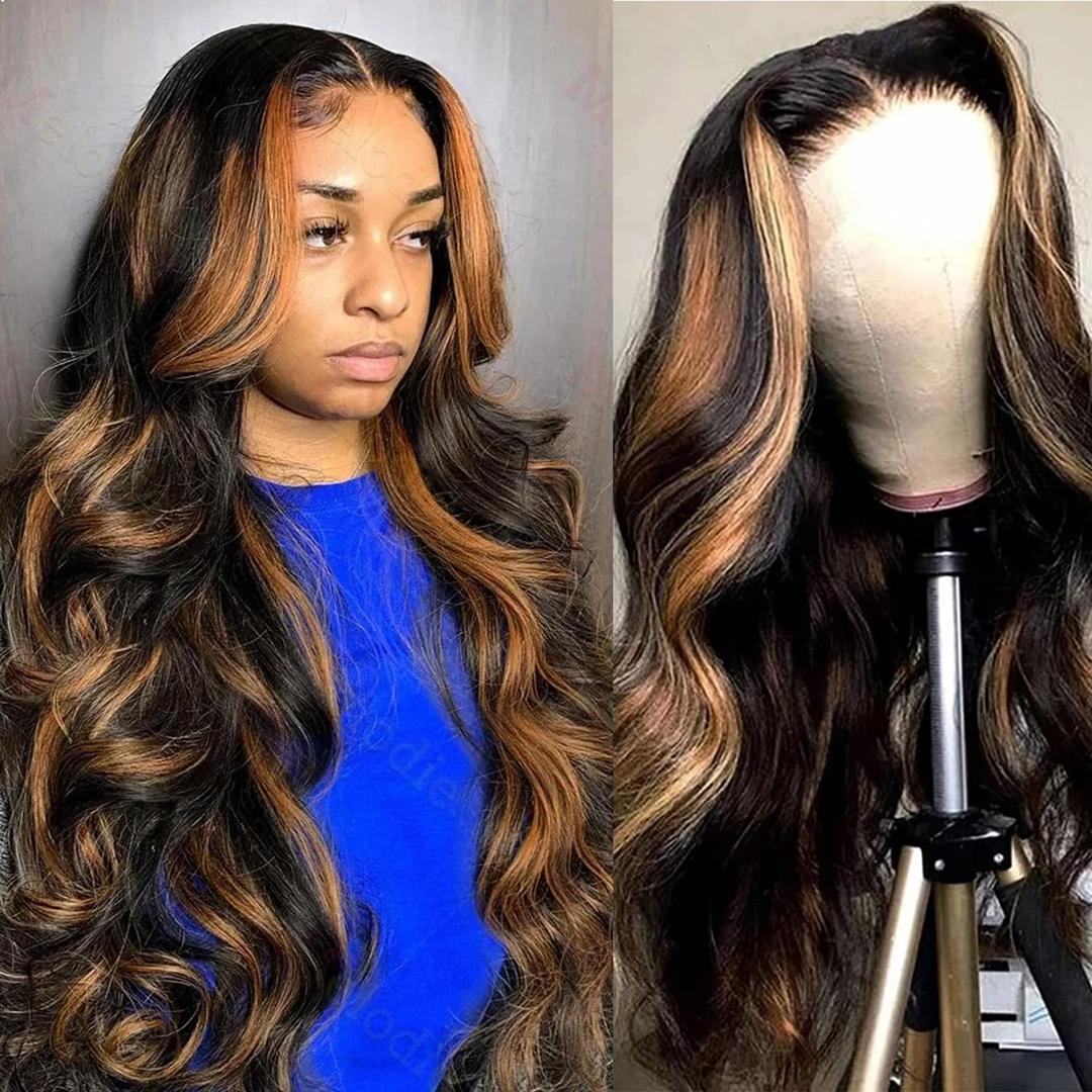 32 Inch Highlight Ombre Lace Front Wig Human Hair Body Wave Lace Front Wigs Human Hair 13x4 Pre Plucked 1B/30 Black with Brown Highlight Wig 200% Density Colored Glueless Wigs for Women