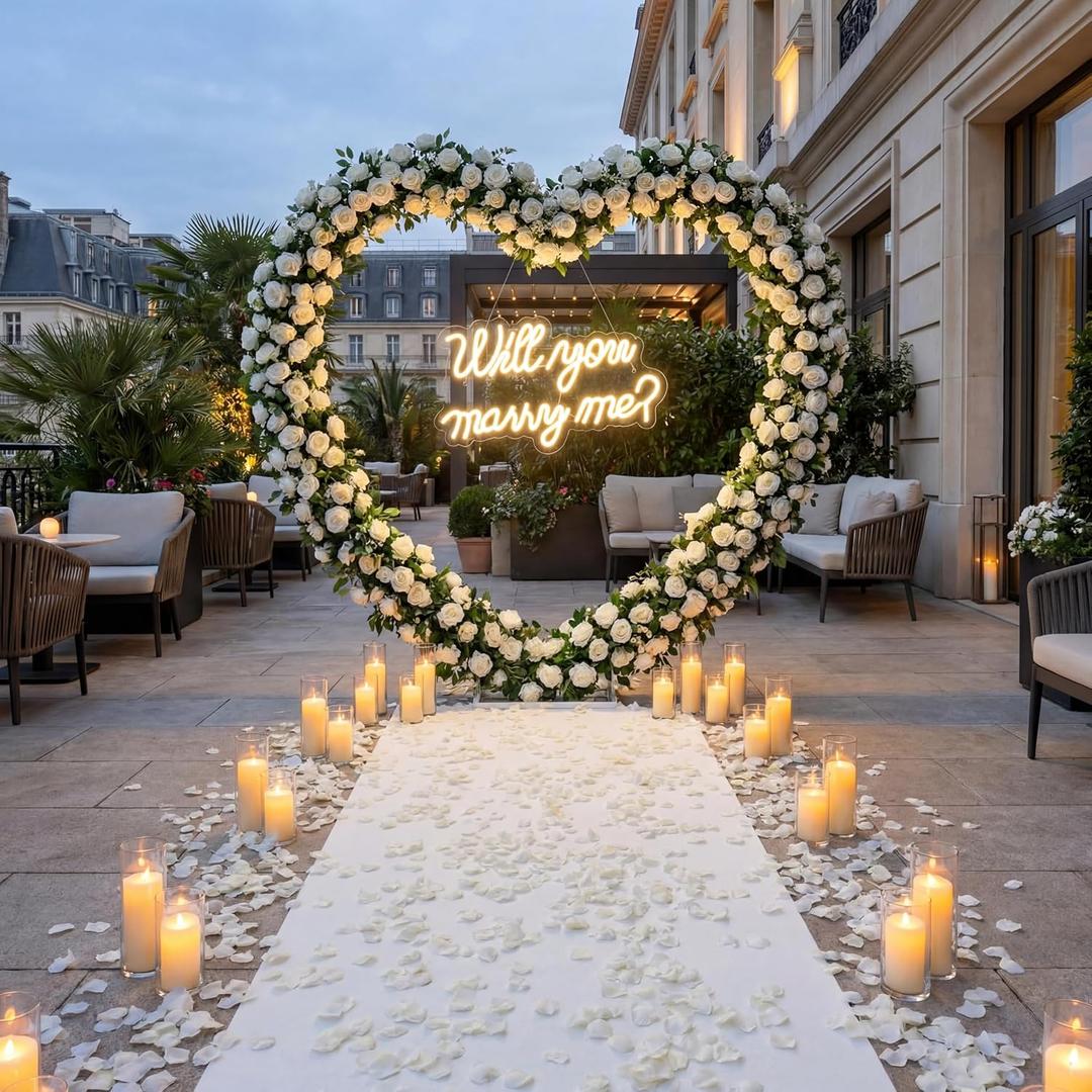 Breling Large Metal Heart Arch Stand and Will You Marry Me LED Neon Light Sign Backdrop for Outdoor Proposal Wedding Engagement Bridal Valentine and Birthday Party Decor (White,7.87ft)