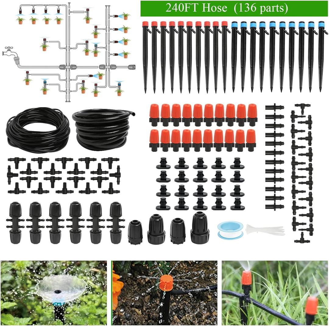 240FT Drip Irrigation System Kit, Automatic Garden Watering Misting System for Greenhouse, Yard, Lawn, Plant with 1/2 inch Hose 1/4 inch Distribution Tubing and Accessories (240 FT (40FT Main tube+200FT Distribution tube))