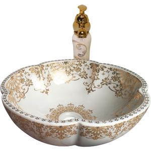 Vessel Bathroom Sink Flower Shape Design Porcelain Above Counter Sink for Bar and Cloakroom Chinese Vanity Bowl (Gold)